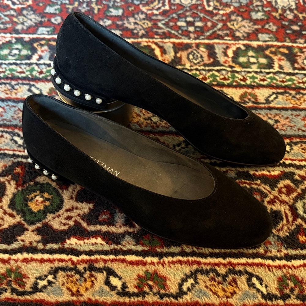 Stuart Weitzman Black Suede Pearl Detail Ballet Flats Women’s Size 6.5 Slip On